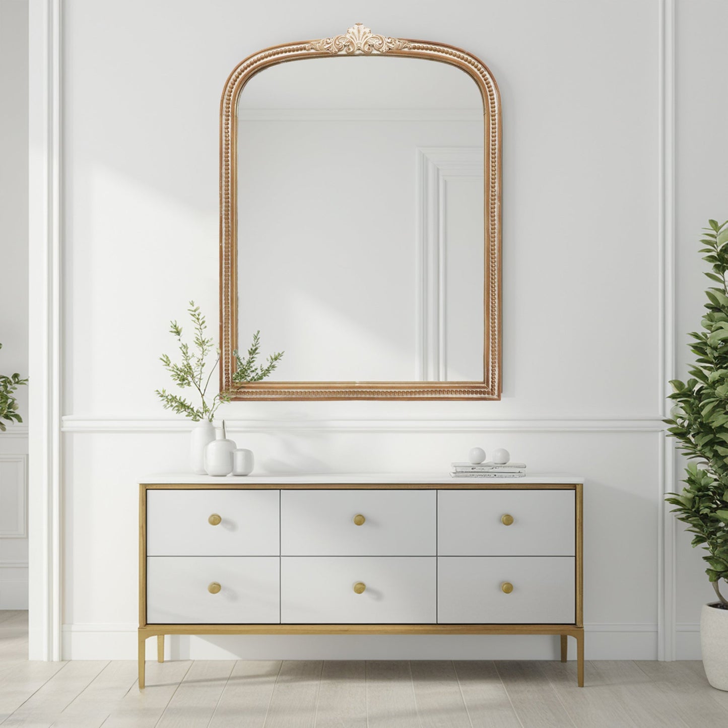 Arched Ornate Wood Frame Mirror with Beads Detail
