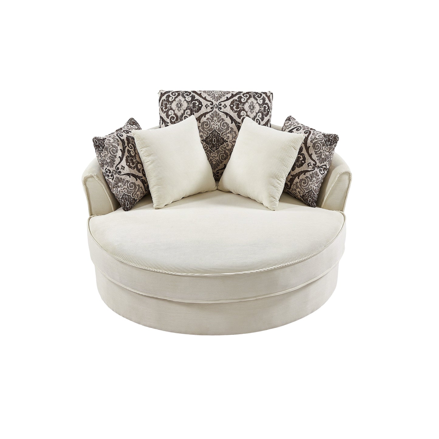 Upholstered Swivel Barrel Chair with 5 Movable Pillows and Metal Base