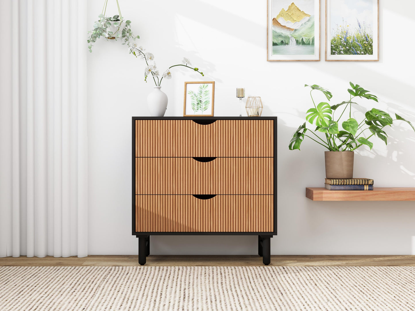 Particle Board Cabinet with Wave Pattern and 3 Drawers