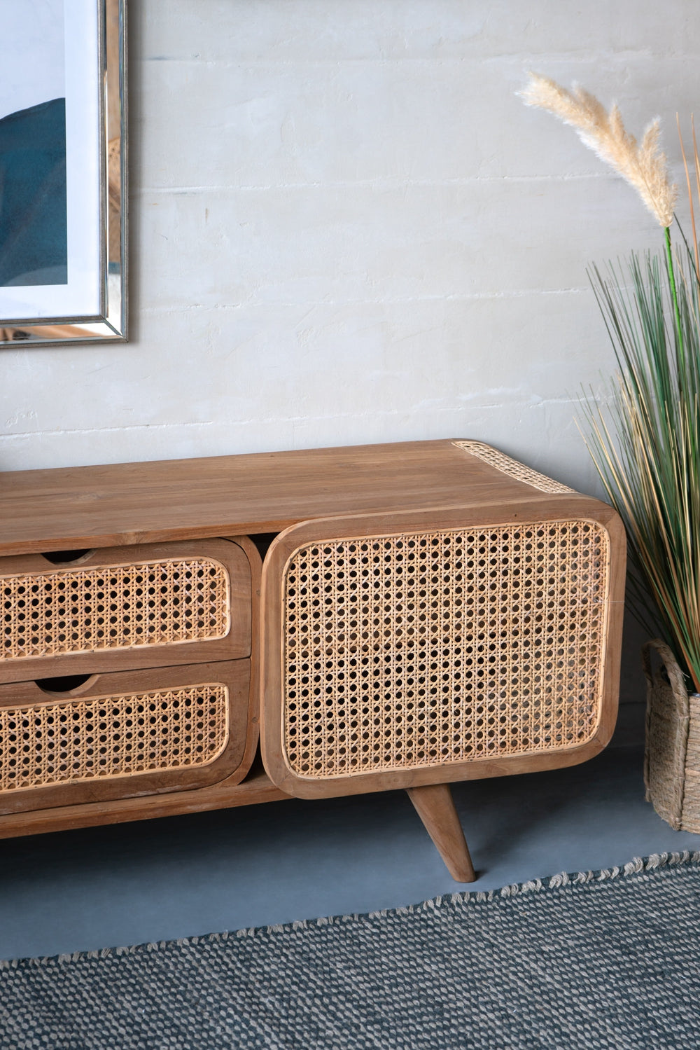 Wood and Rattan Cabinet with Curved Frame, 2 Drawers and Shelves