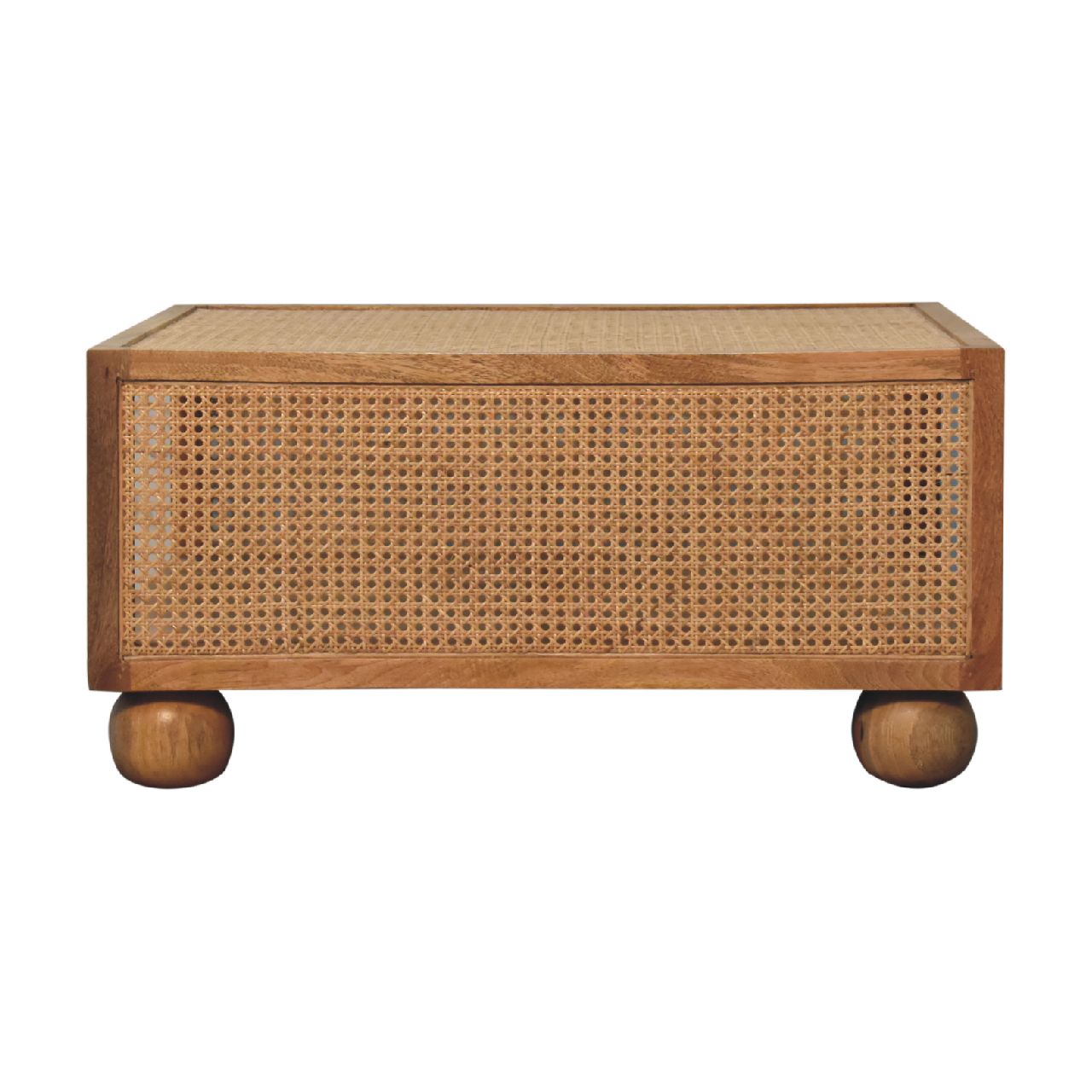 Decipher Wood and Rattan Large Coffee Table with Ball-Shaped Legs