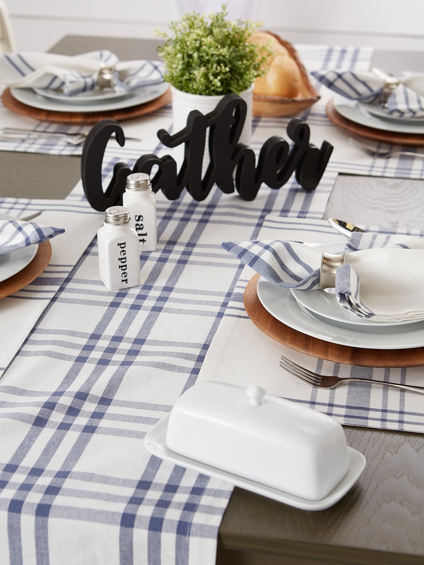 French Blue Farm To Table Check Table Runner 14X72