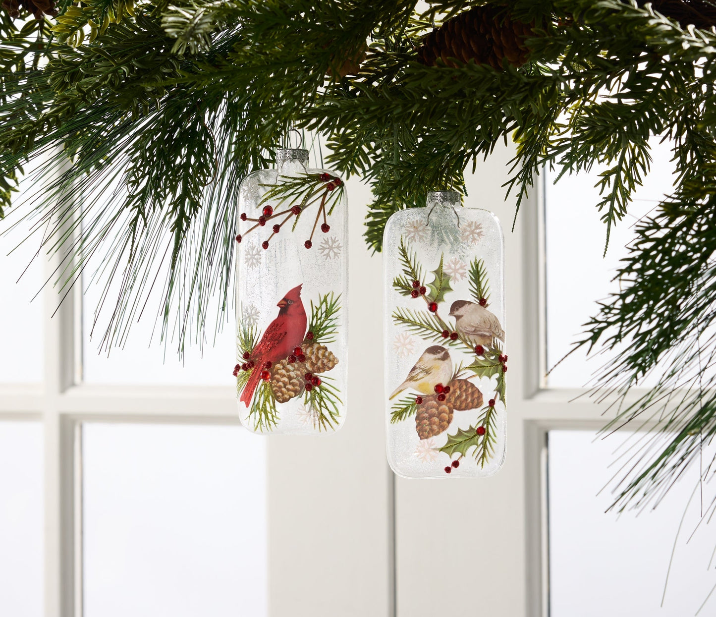 Glittered Glass Cardinal and Chickadee Ornament, Set of 12