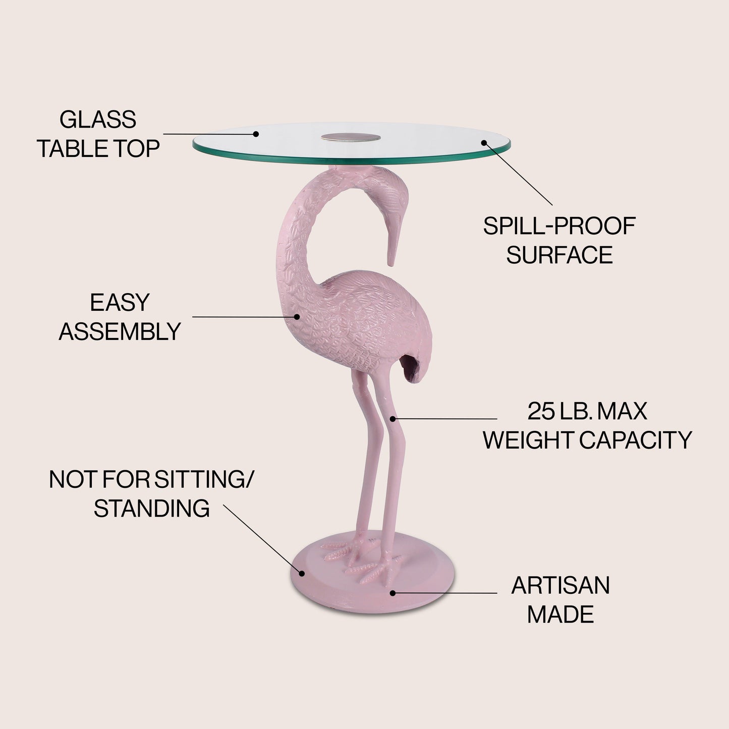 Blanche Classic Mid-Century Glass Top Flamingo End Table