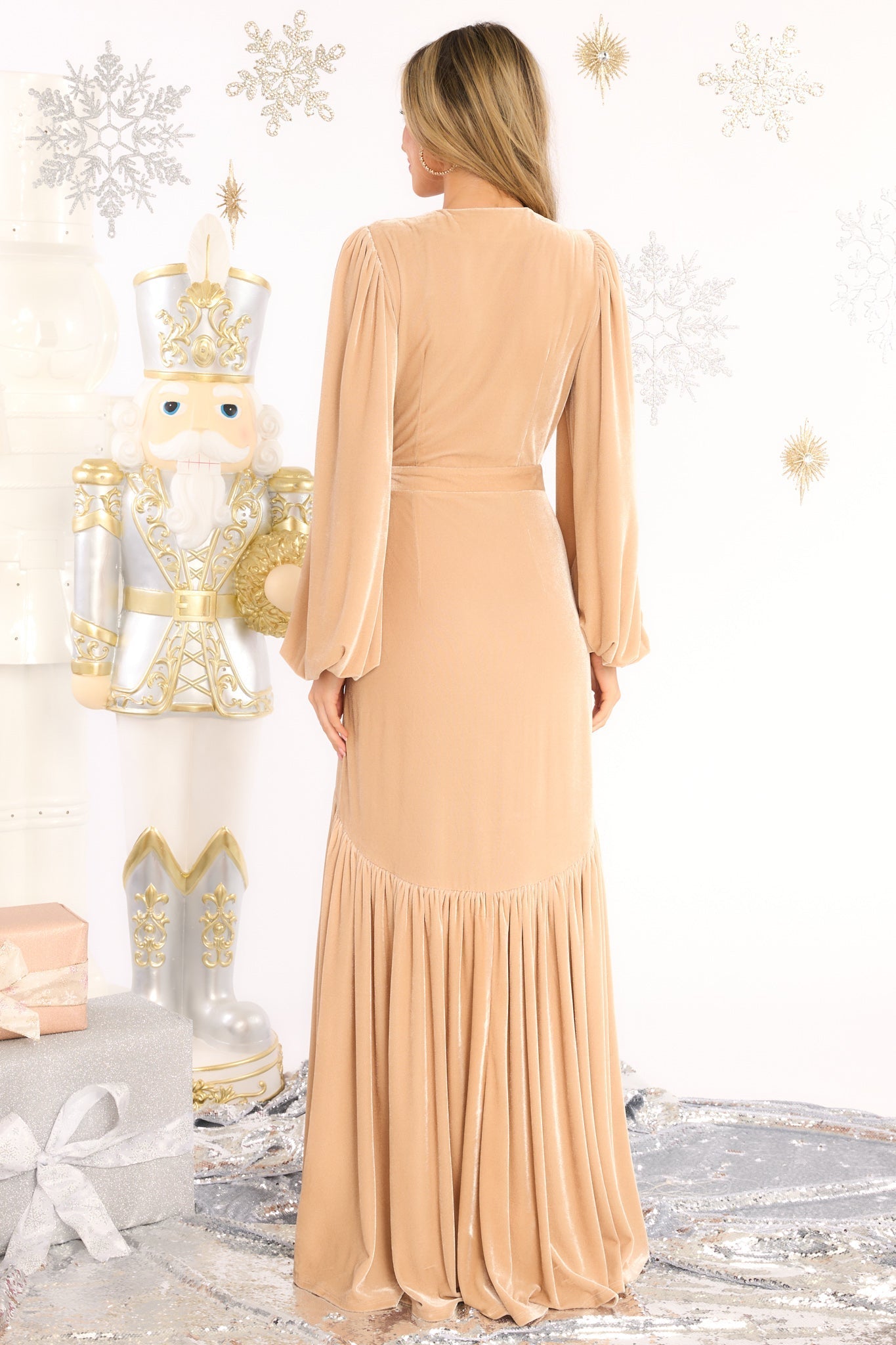 An Absolute Treasure Champagne Velvet Maxi Dress