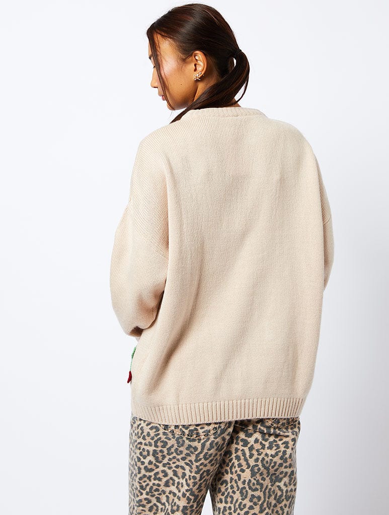 Applique Crochet Cherry Knitted Jumper in Cream