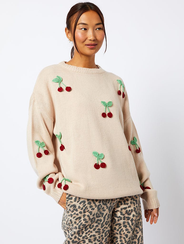 Applique Crochet Cherry Knitted Jumper in Cream