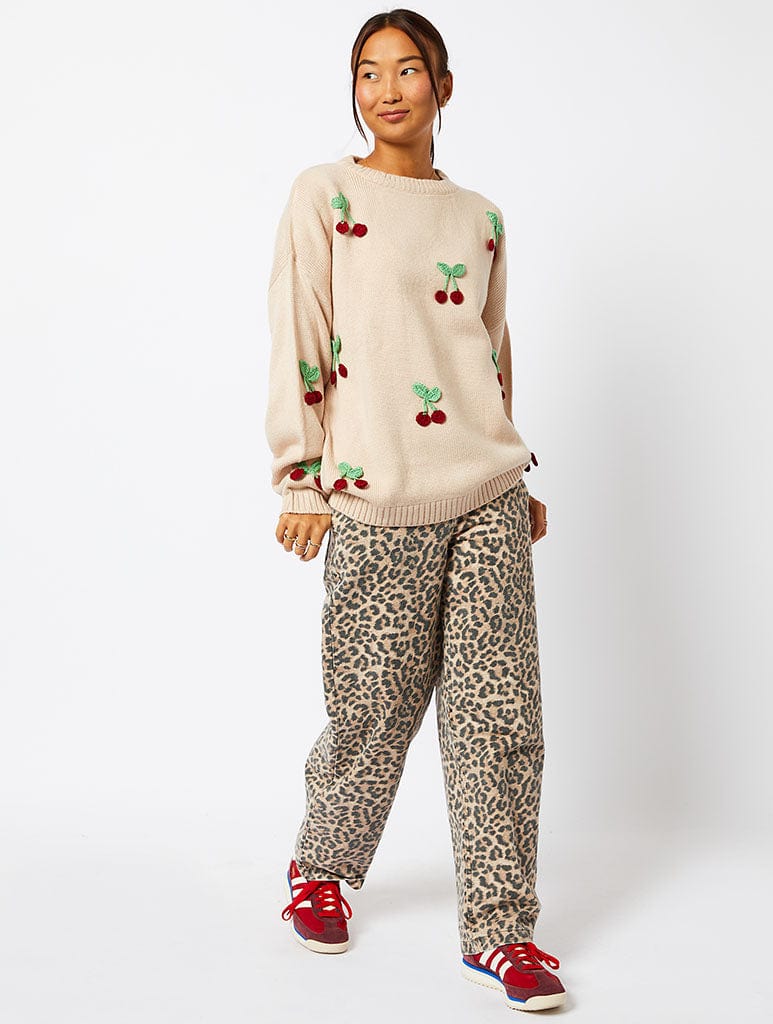 Applique Crochet Cherry Knitted Jumper in Cream