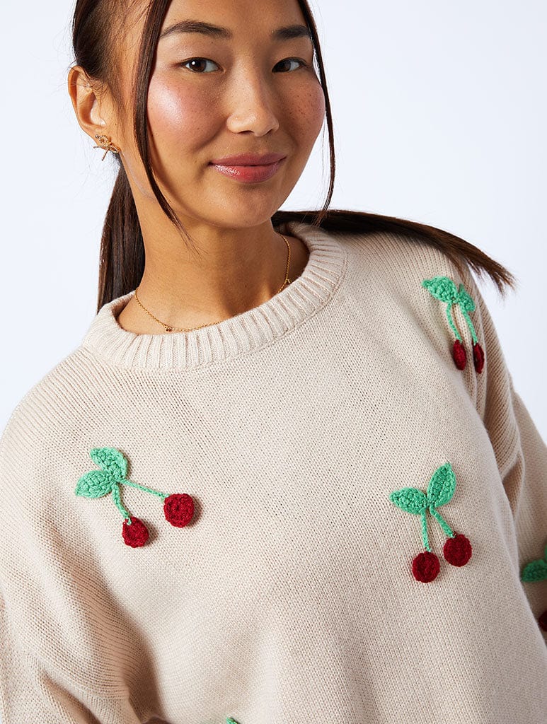 Applique Crochet Cherry Knitted Jumper in Cream