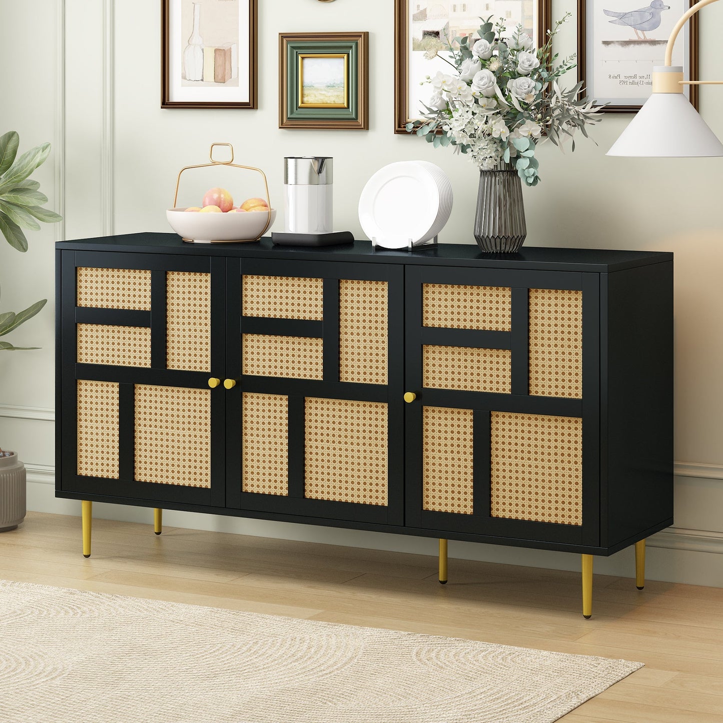 Aspen Black 55" Storage Credenza with 3 Rattan Cabinet Doors and Adjustable Shelves
