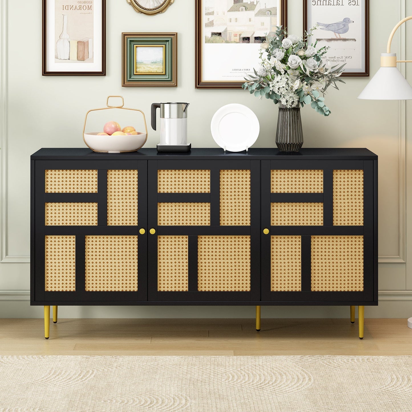 Aspen Black 55" Storage Credenza with 3 Rattan Cabinet Doors and Adjustable Shelves