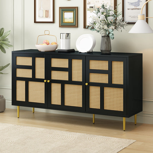 Aspen Black 55" Storage Credenza with 3 Rattan Cabinet Doors and Adjustable Shelves