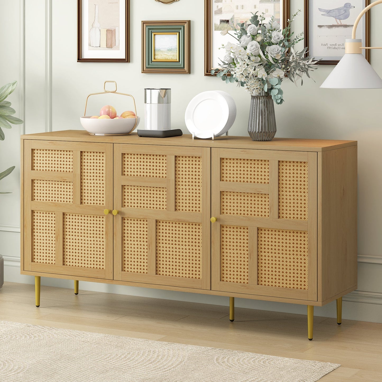Aspen 55" Storage Credenza with 3 Rattan Cabinet Doors and Adjustable Shelves