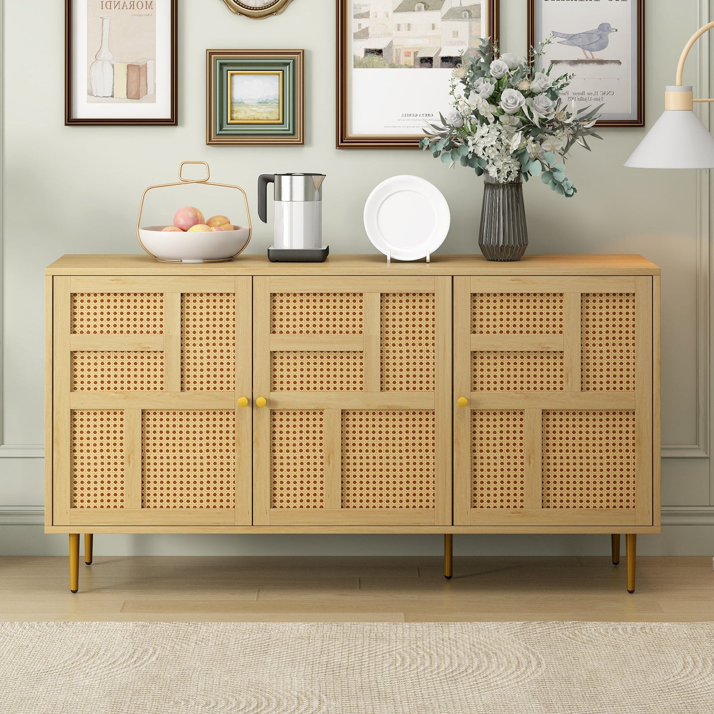 Aspen 55" Storage Credenza with 3 Rattan Cabinet Doors and Adjustable Shelves