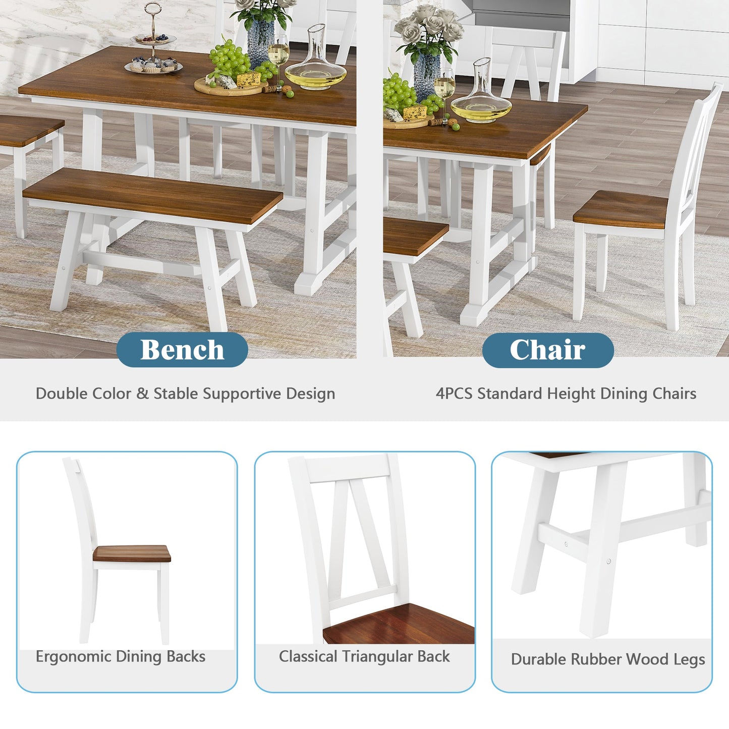 Aubrey 6 Piece Kitchen Table Set with Long Bench and 4 Dining Chairs