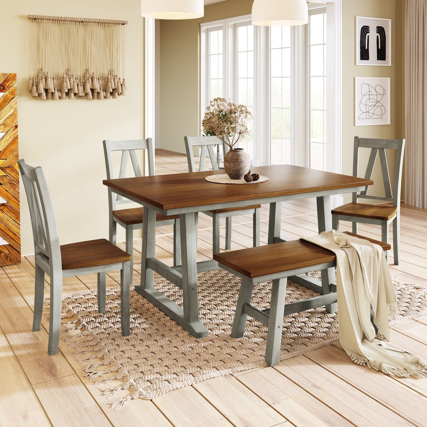 Aubrey 6 Piece Kitchen Table Set with Long Bench and 4 Dining Chairs