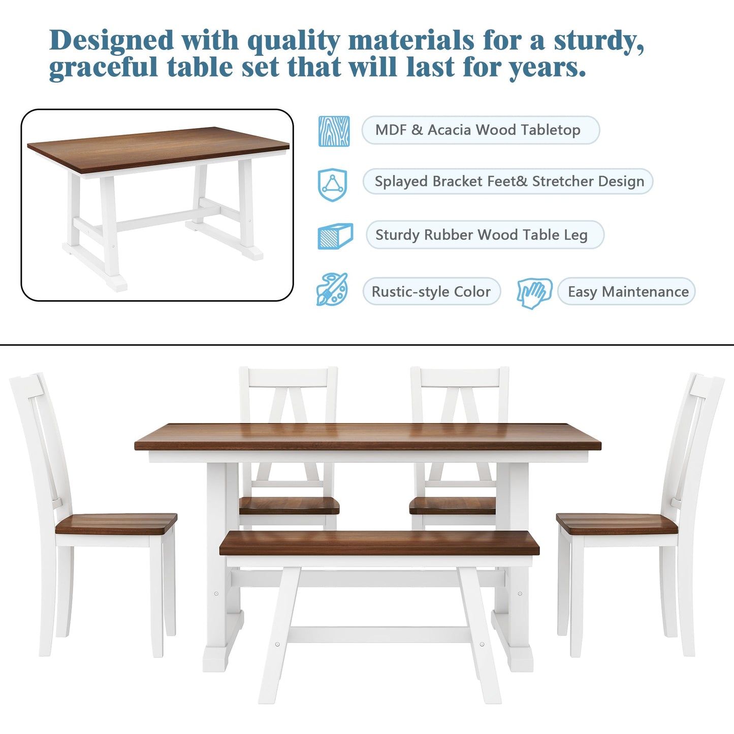 Aubrey 6 Piece Kitchen Table Set with Long Bench and 4 Dining Chairs