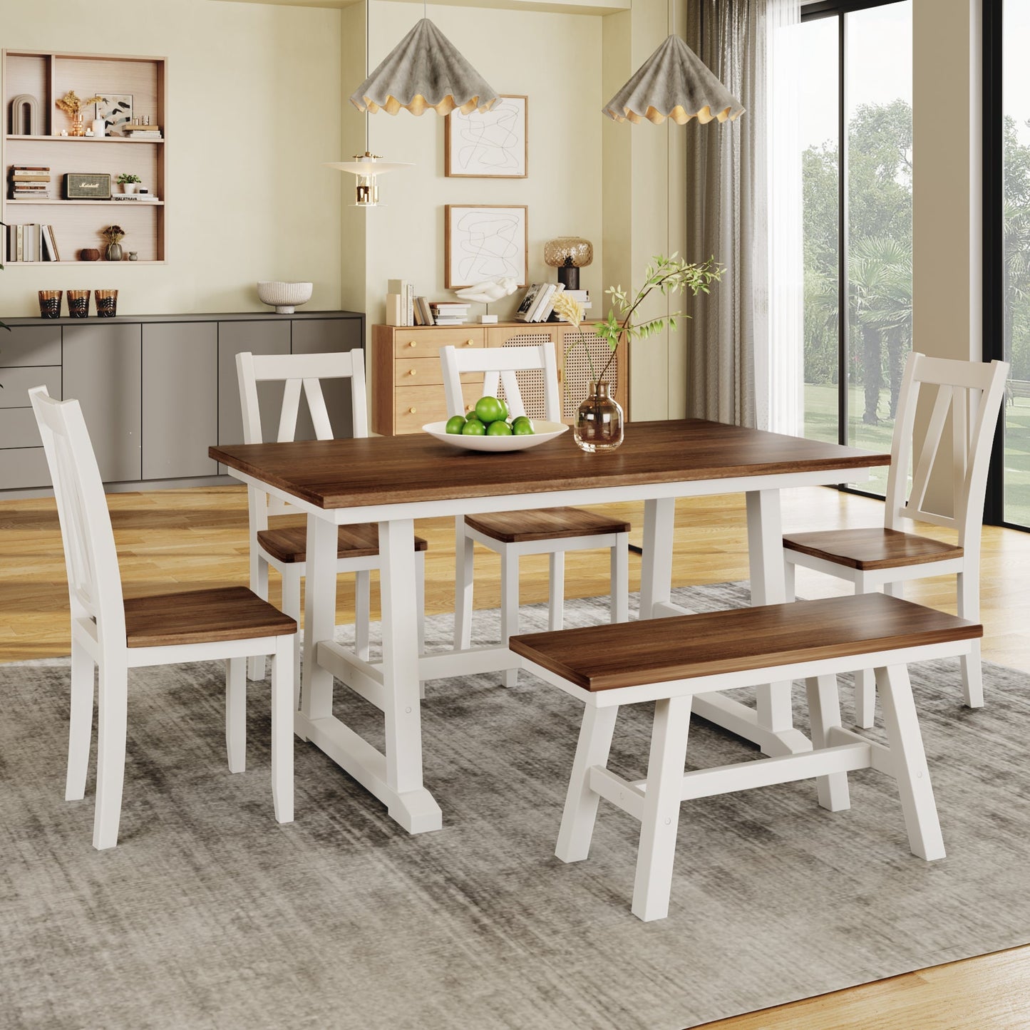 Aubrey 6 Piece Kitchen Table Set with Long Bench and 4 Dining Chairs