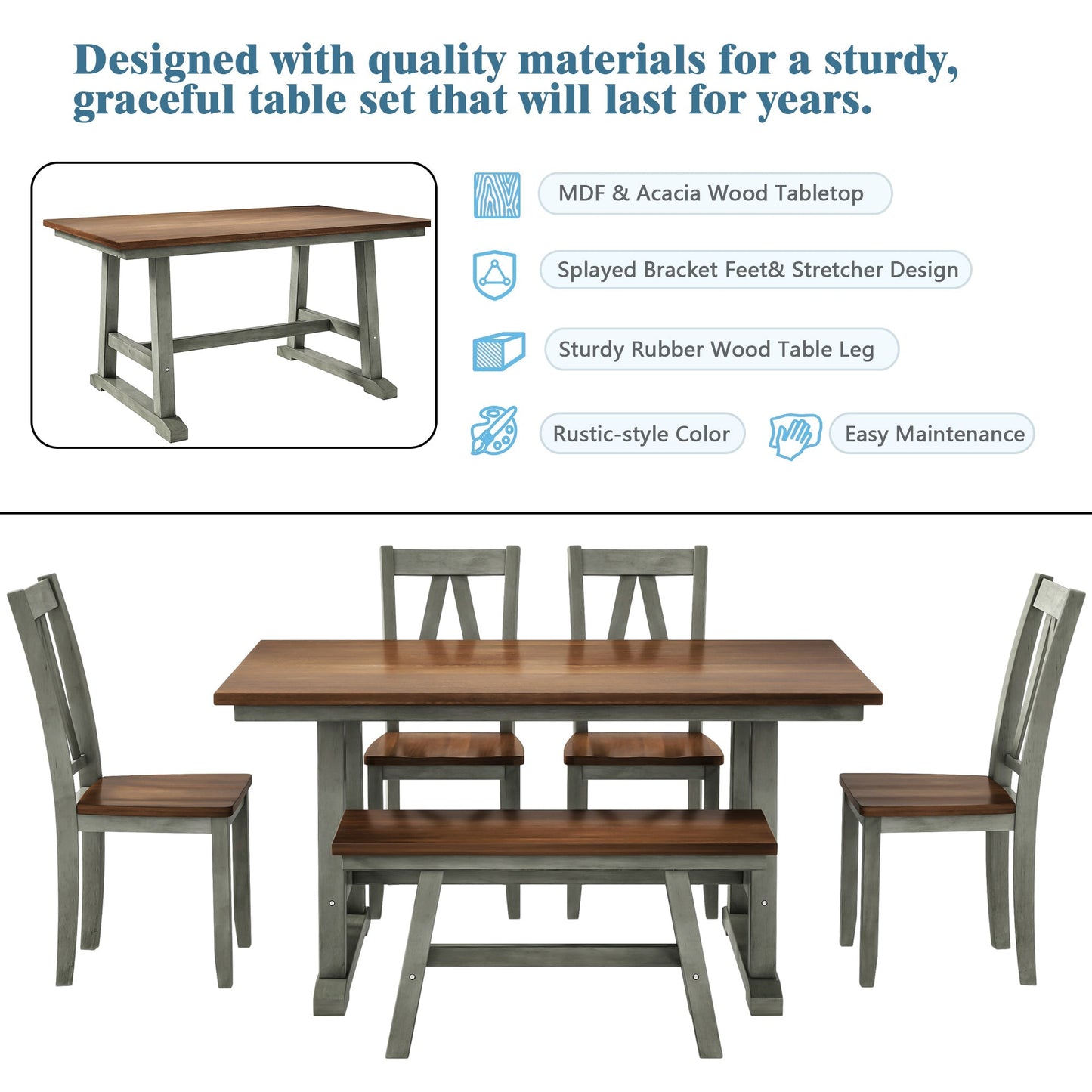 Aubrey 6 Piece Kitchen Table Set with Long Bench and 4 Dining Chairs