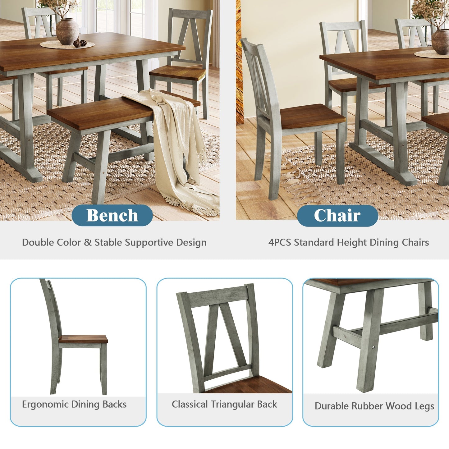 Aubrey 6 Piece Kitchen Table Set with Long Bench and 4 Dining Chairs