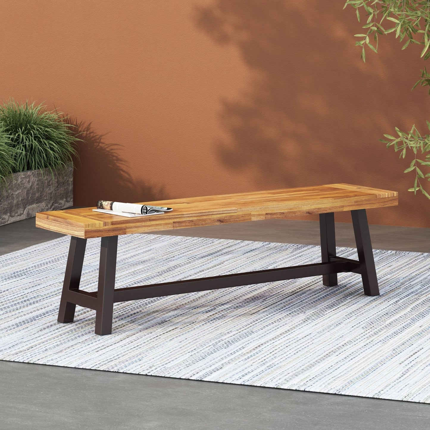 Aura Outdoor Bench with Slat Top and Metal Legs