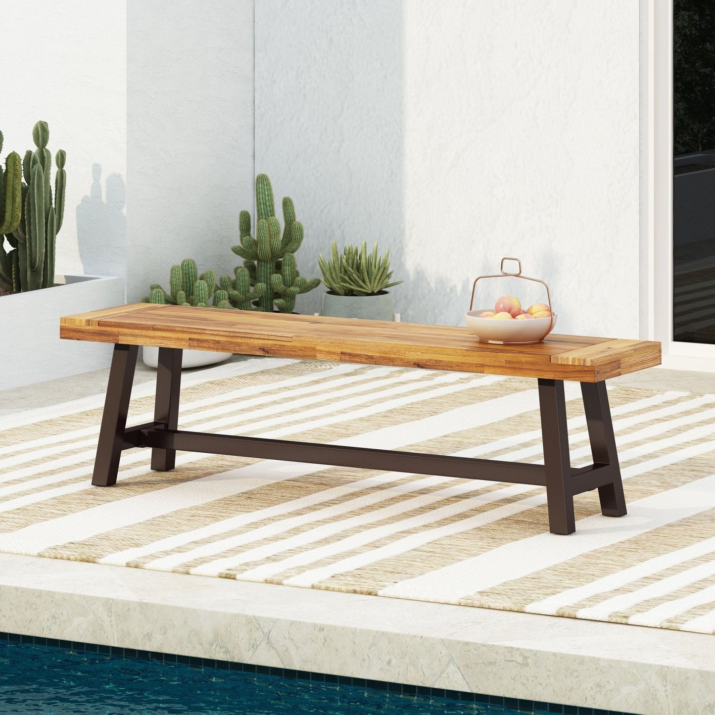 Aura Outdoor Bench with Slat Top and Metal Legs