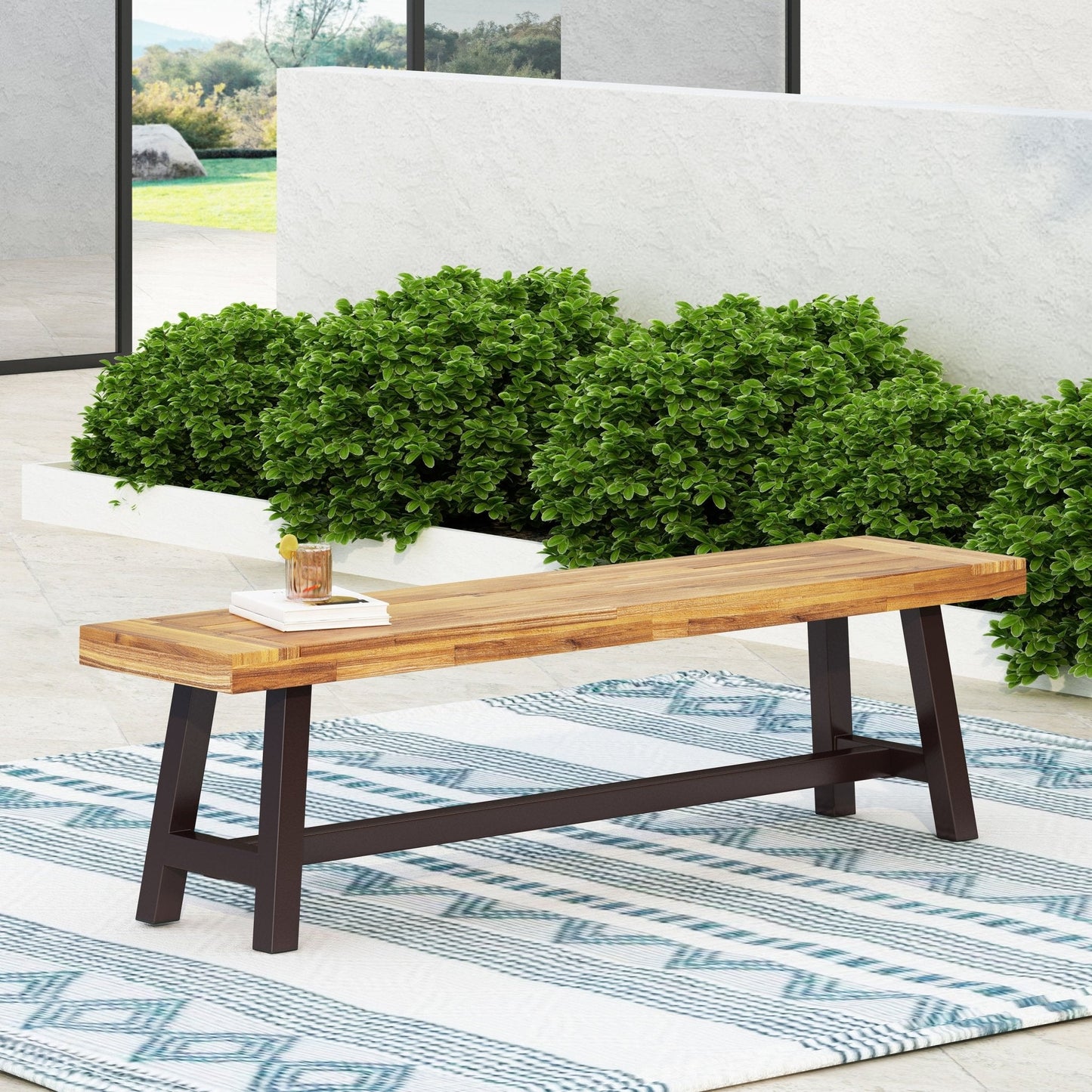 Aura Outdoor Bench with Slat Top and Metal Legs