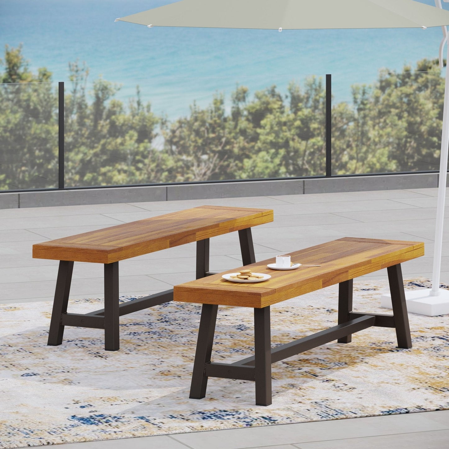 Aura Outdoor Bench with Slat Top and Metal Legs