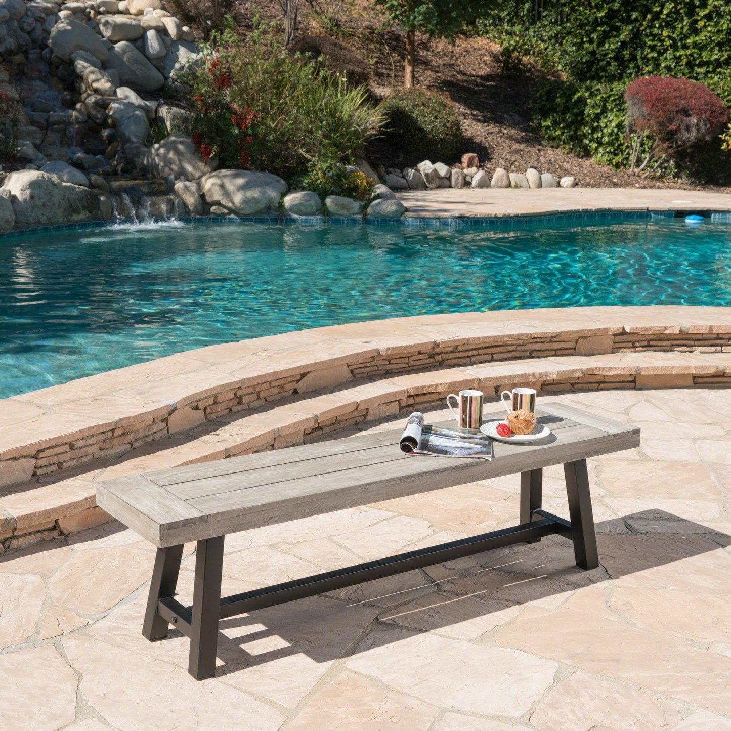 Aura Outdoor Bench with Slat Top and Metal Legs