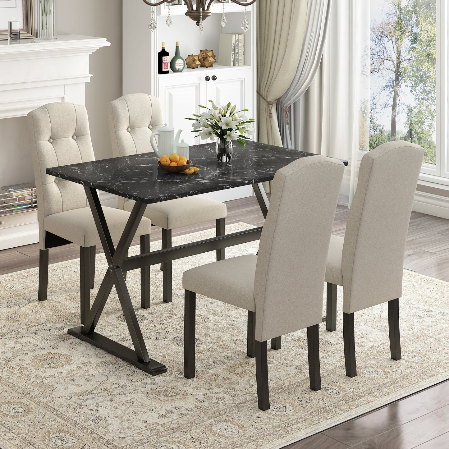 Austin 5 Piece Dining Table Set with Tabletop and 4 Upholstered Chairs