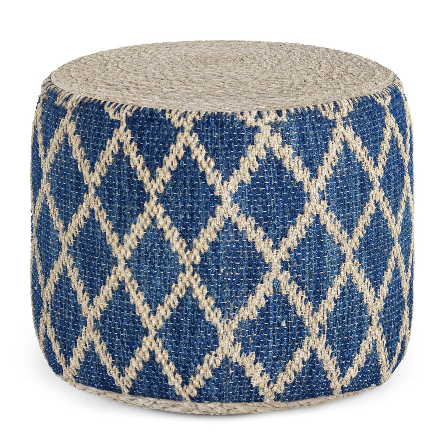 Round Pouf with Cotton and Jute Woven Diamond Pattern