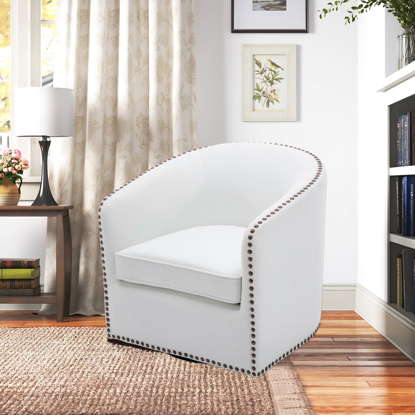 Upholstered Swivel Chair with Sloped Arms, Nailhead Trim and Tight Back