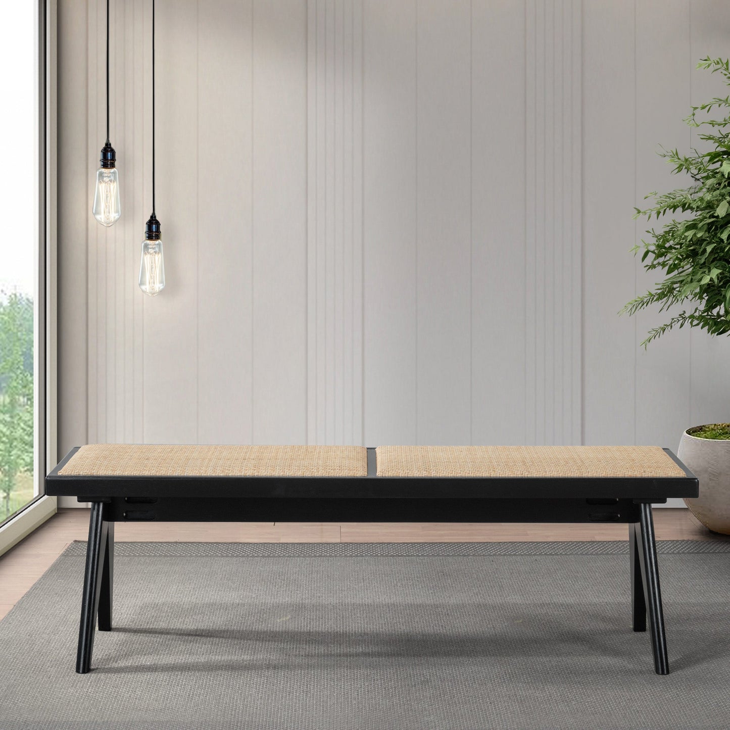 Solid Wood Bench with Natural Rattan Top
