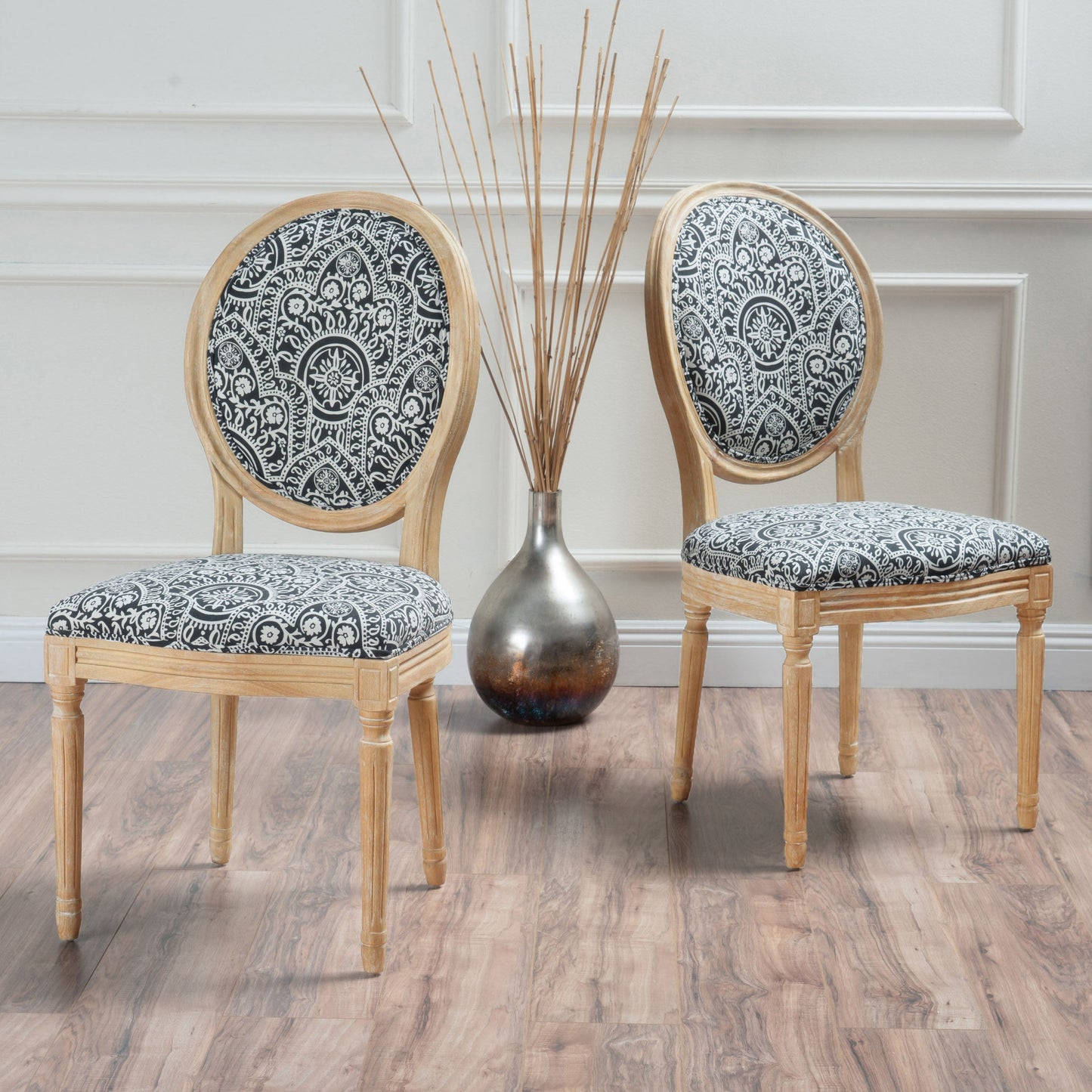 Dynamic Upholstered Dining Chair with Round Backrest and Fluted Legs, Set of 2
