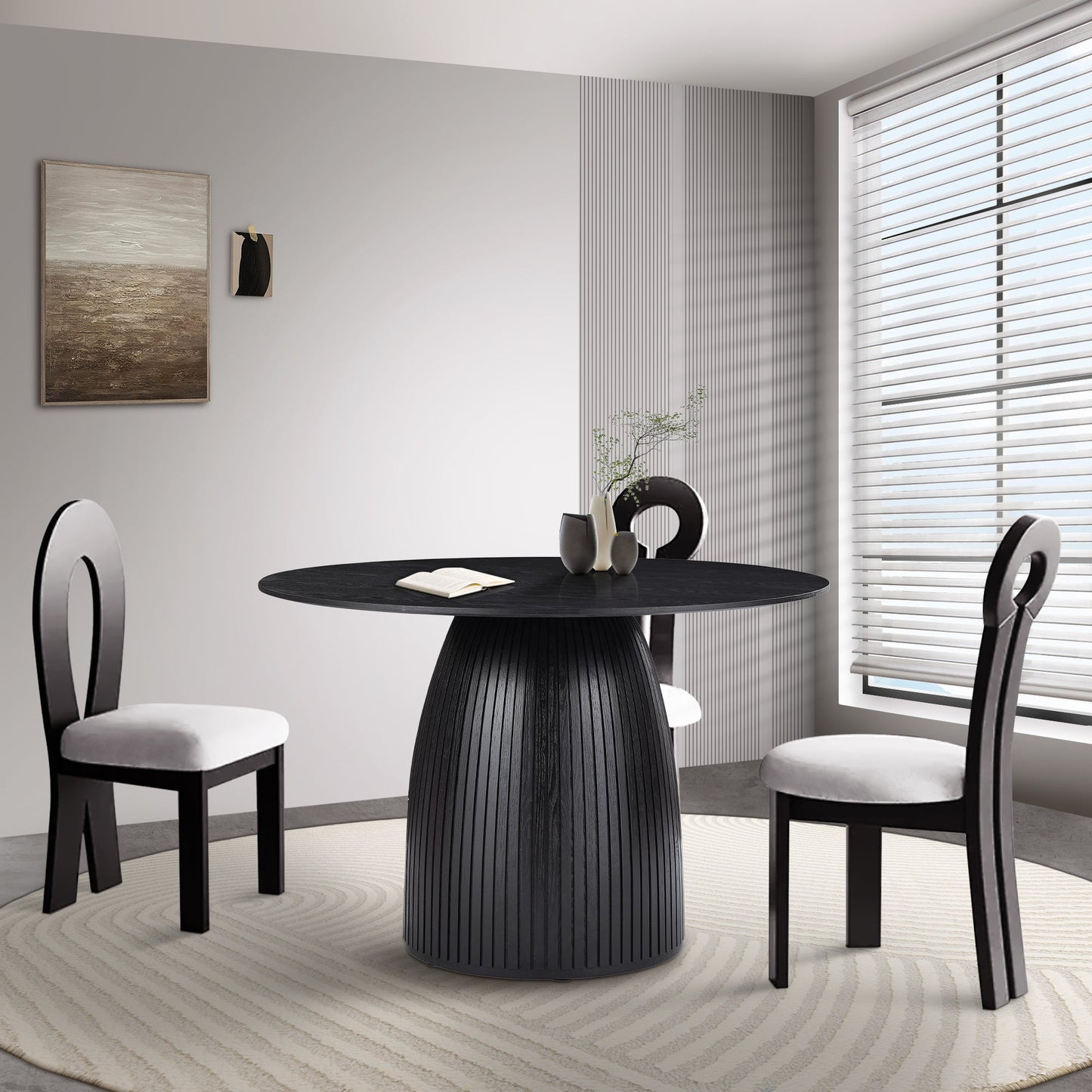 47.24" Round Dining Table with Wood Frame and Wave Pattern Base
