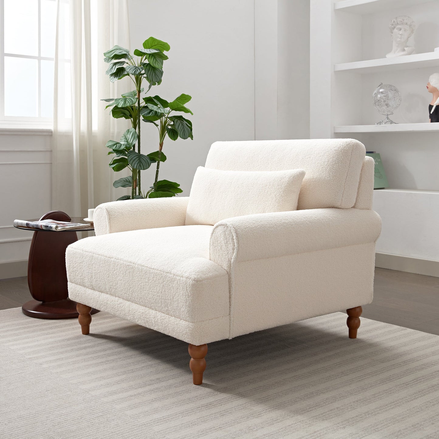 Upholstered Accent Chair with Circular Armrests and Roman Column Legs