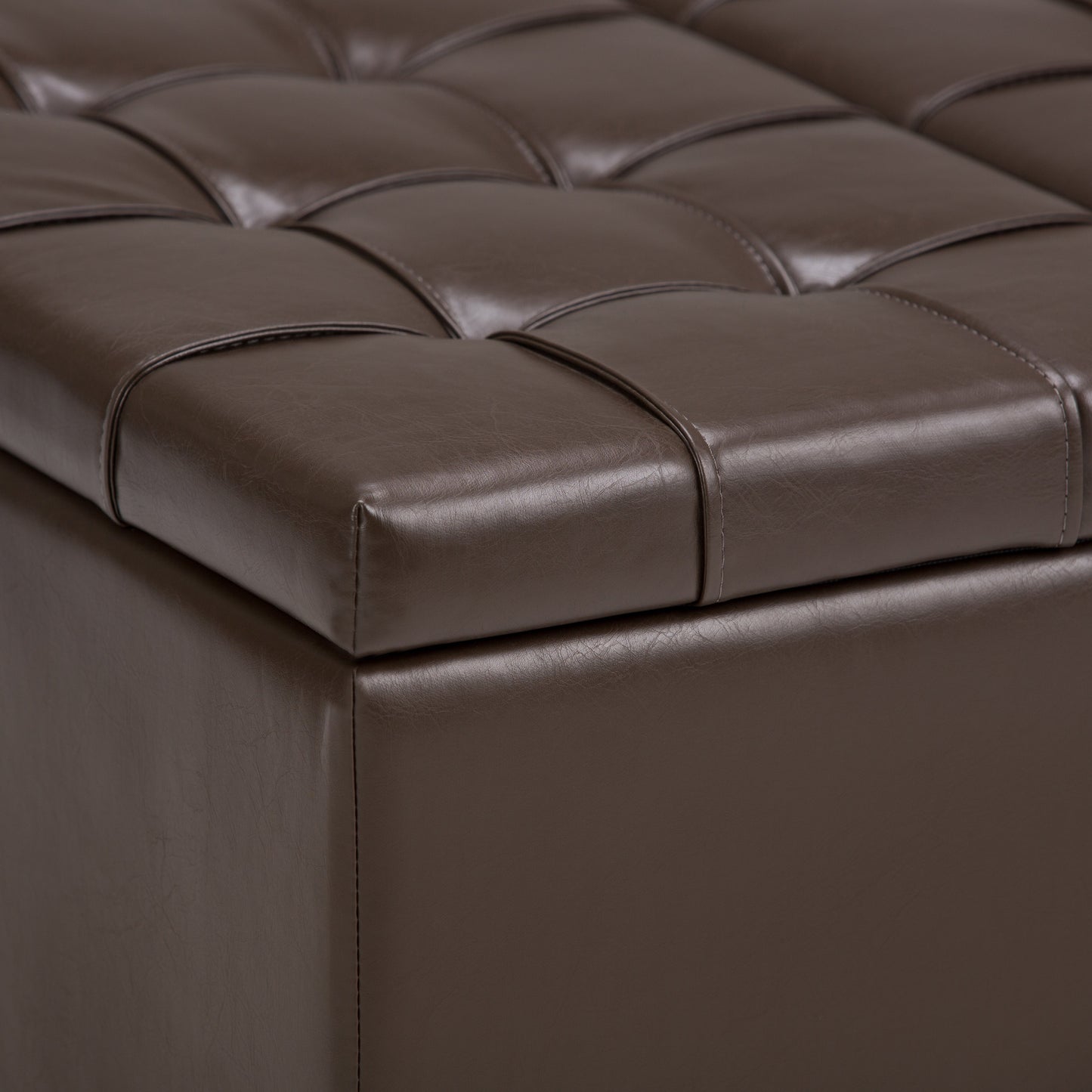 Flame Upholstered Lift Top Square Ottoman with Stitched Tufting