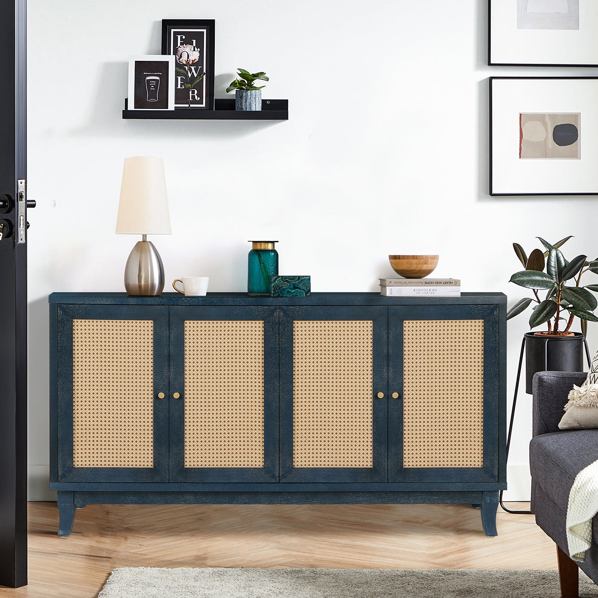 Sideboard with 4 Rattan Doors and Adjustable Shelves, Navy Blue