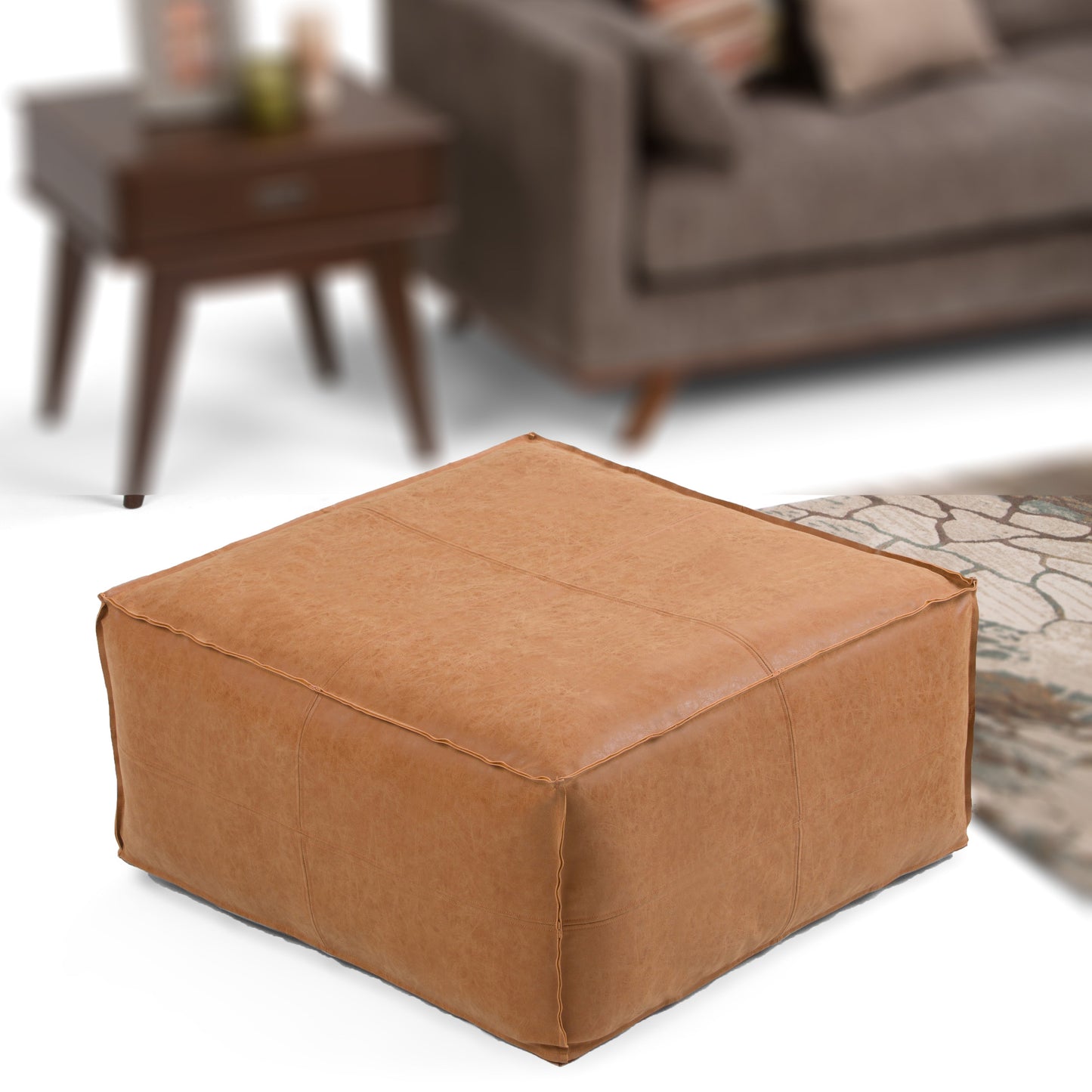 Ascendant Faux Leather Square Pouf with Top Stitching Detail