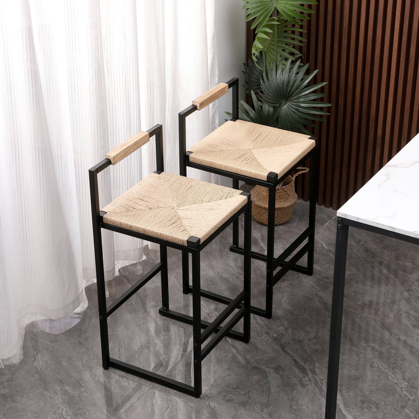 Rope Woven Bar Stool with Low Back and Metal Base, Set of 2