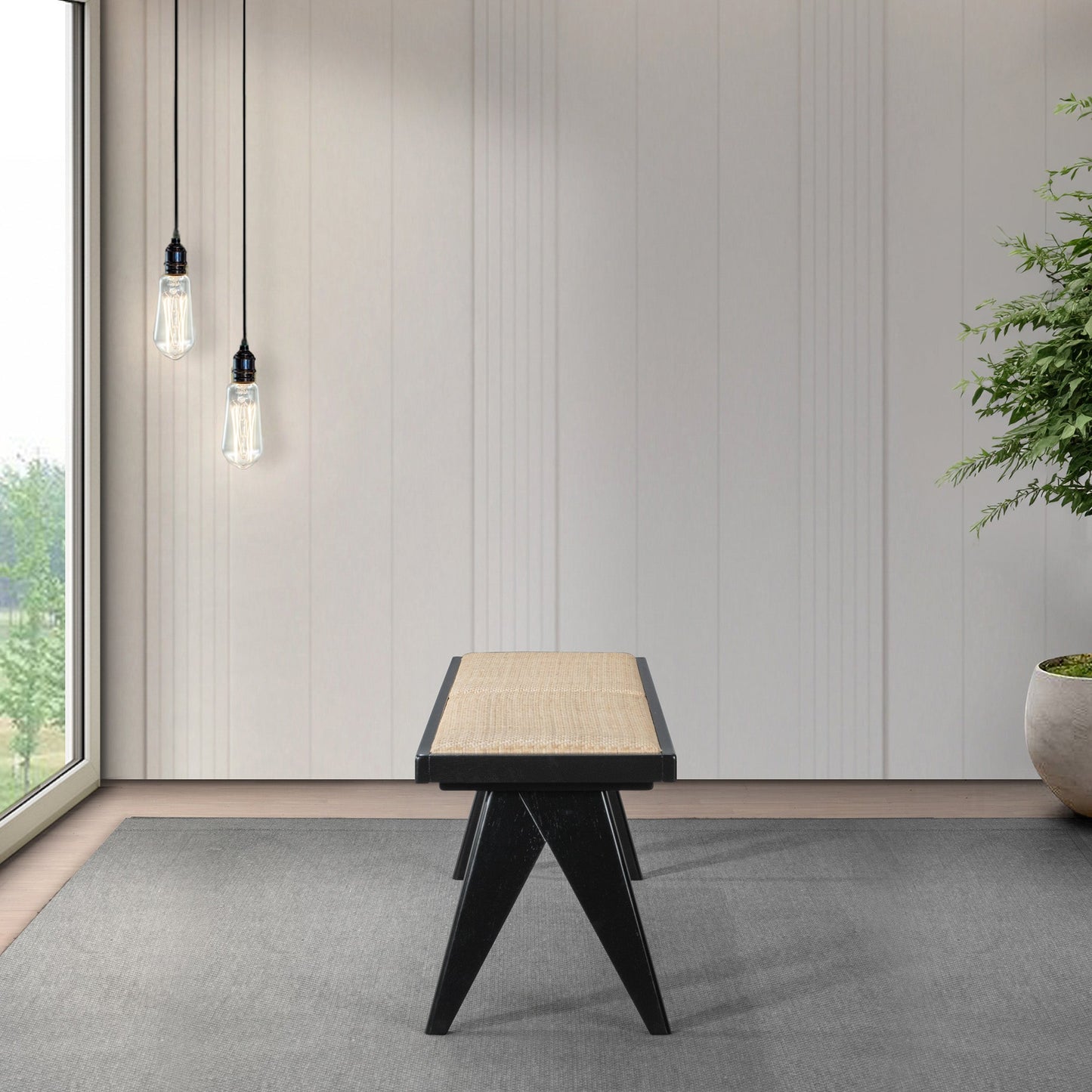 Solid Wood Bench with Natural Rattan Top