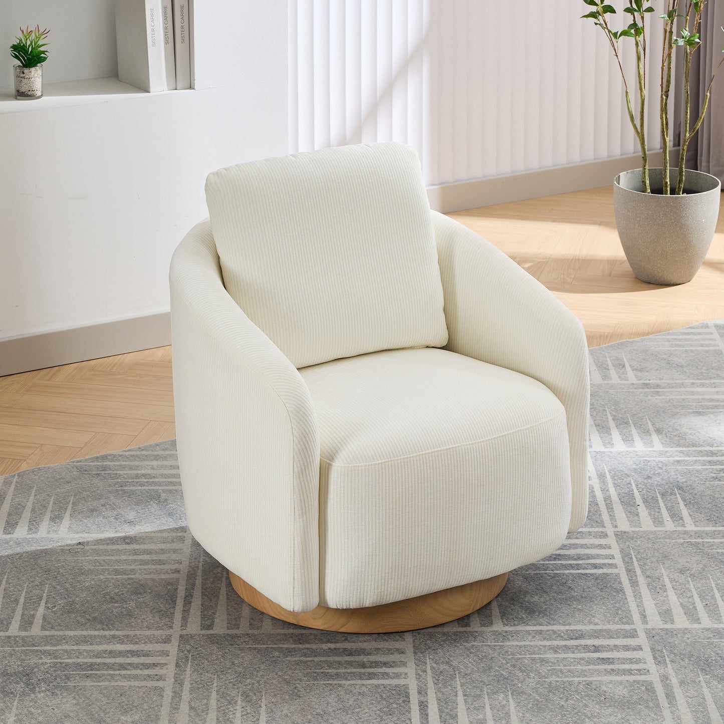 Actuator Upholstered Barrel Chair with 360-Degree Swivel Base and Curved Arms