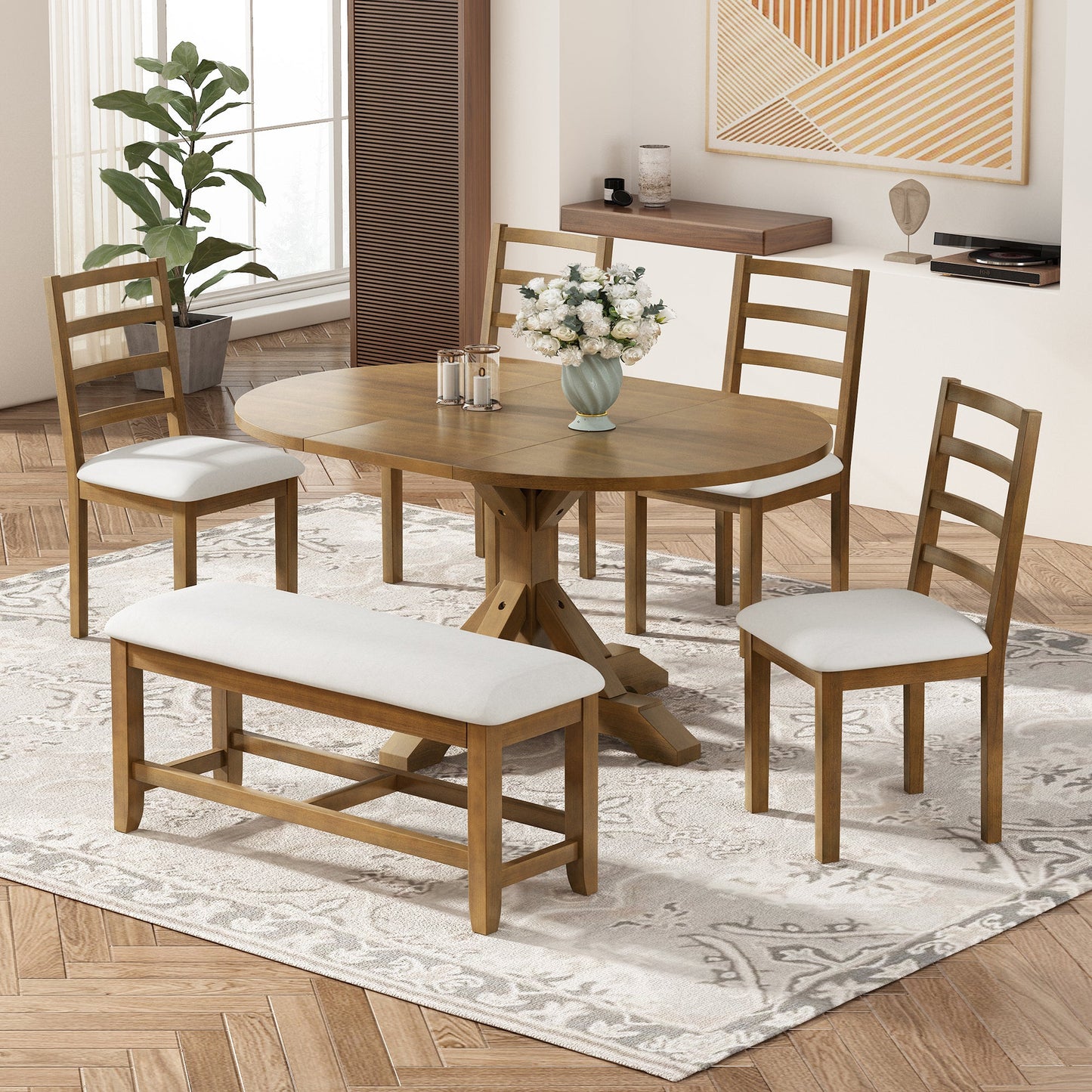 Kivor 6-Piece Dining Set with Extendable Table, Bench and 4 Ladder-Back Chairs