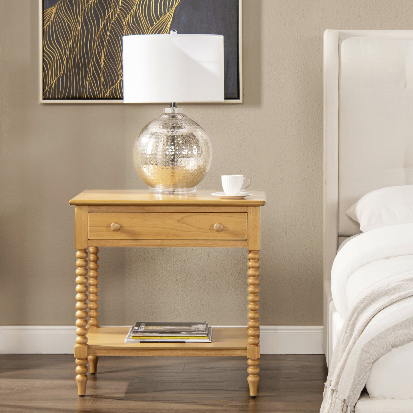 28" Side Table with Turned Legs, Shelf and Drawer