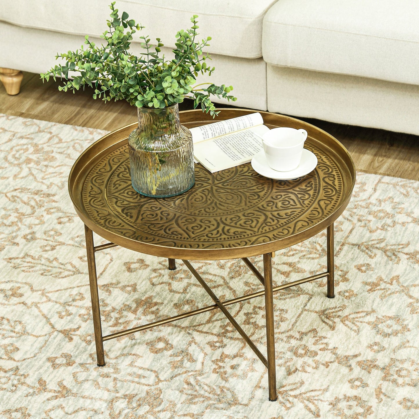 Round Coffee Table with Hammered Tray Top and X-Shaped Metal Base