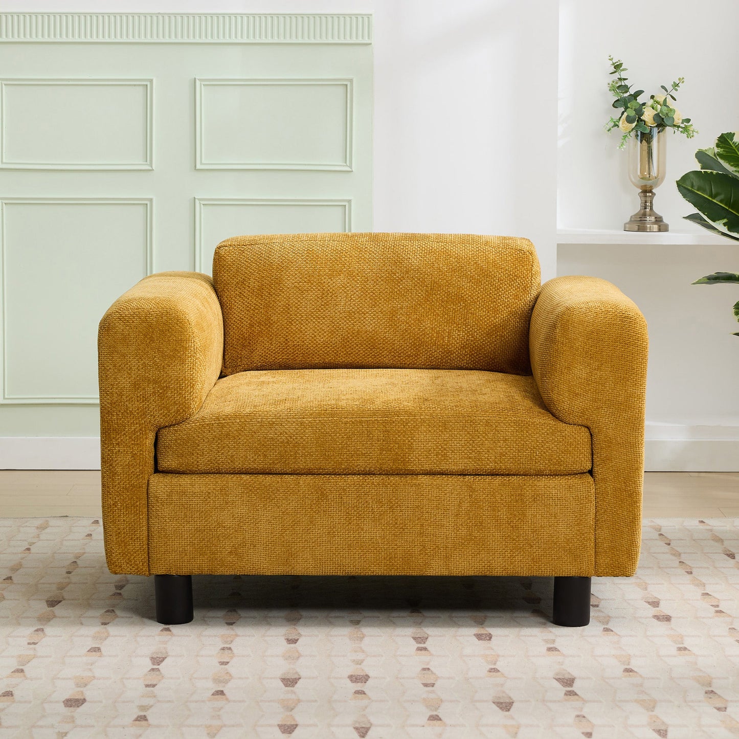 Elixired Upholstered Arm Chair with Tucked Armrests and Round Rubberwood Legs