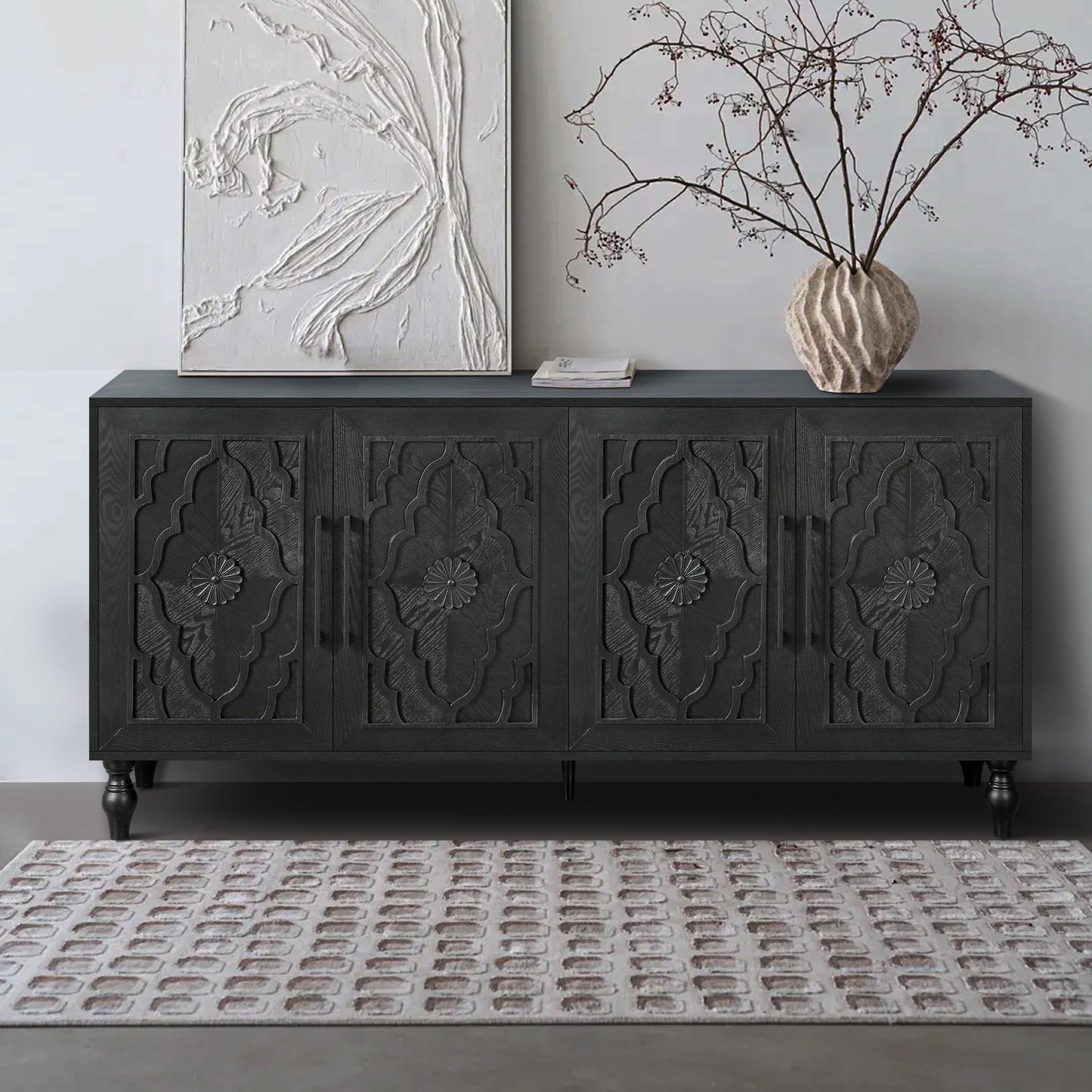 Bespokee Carved Flower Door Large Storage Cabinet With Metal Handle