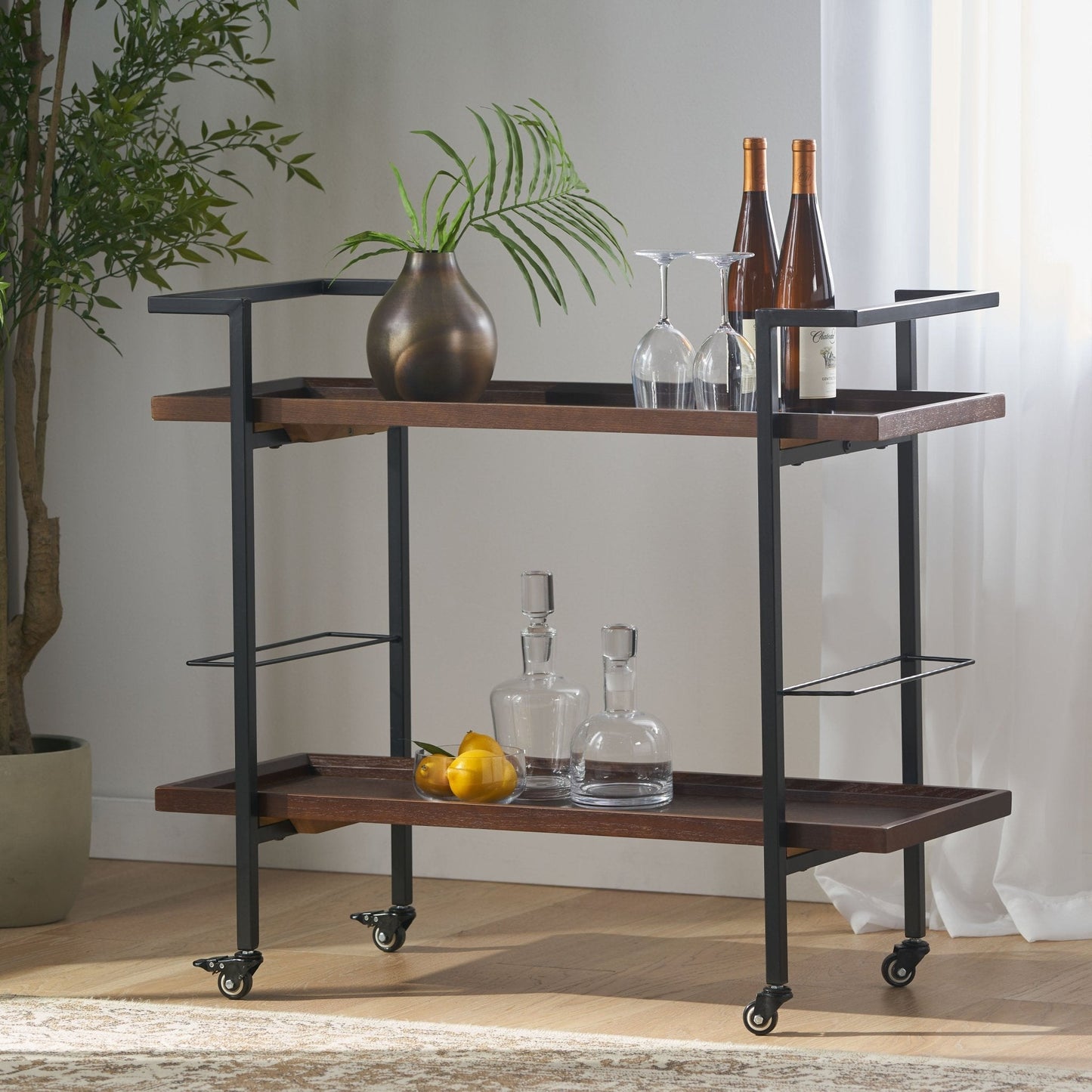 Bar Cart with Shelving and Lockable Rolling Wheels