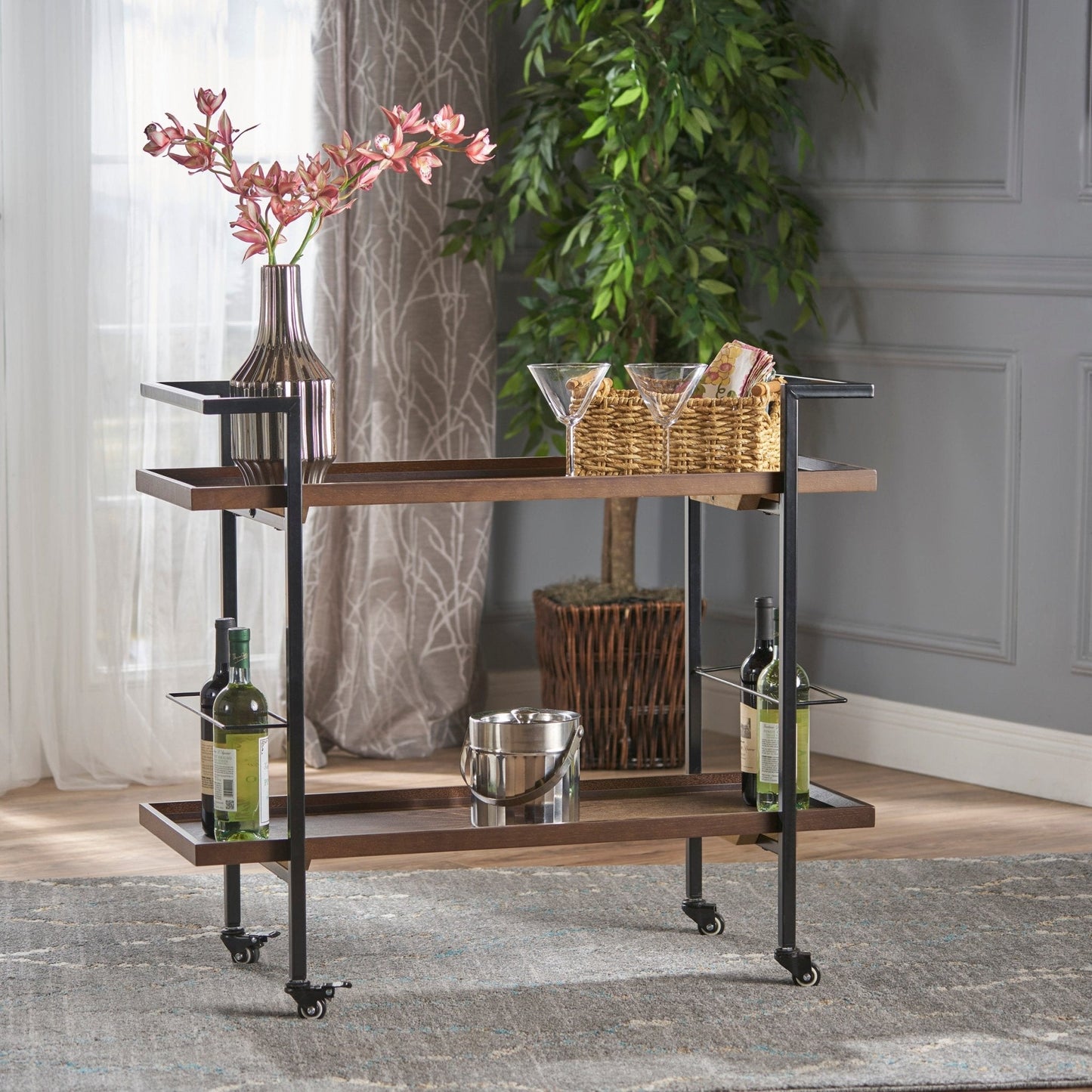 Bar Cart with Shelving and Lockable Rolling Wheels