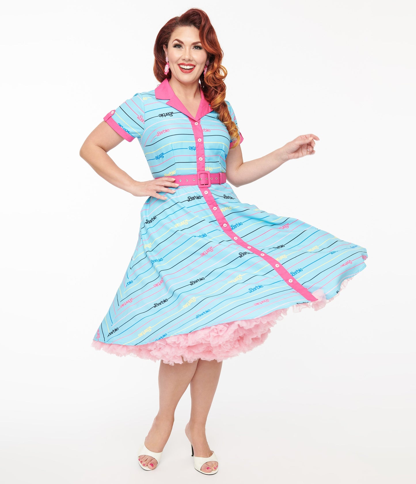 Barbie x Unique Vintage Blue Barbie Print Shirt Dress